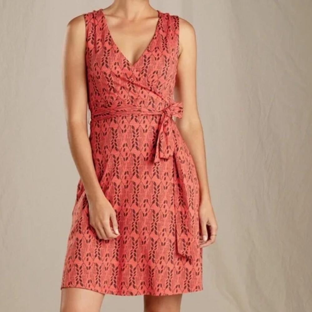 Toad & Co Cue Faux Wrap Dress Womens Large Poppy Orange Leaf Vine Cotton Tencel